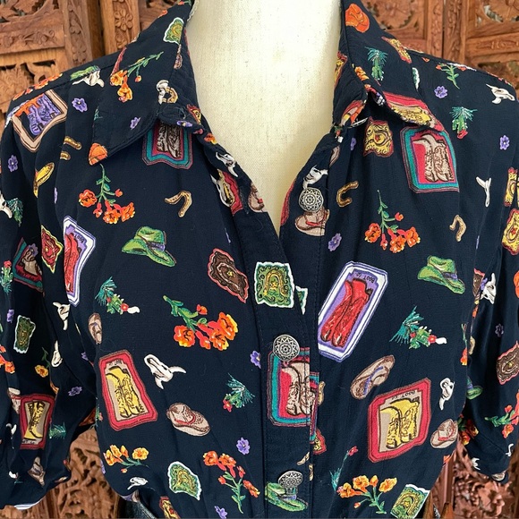 Vintage Western Cowgirl boots hat floral Print button down Shirt - Picture 6 of 12